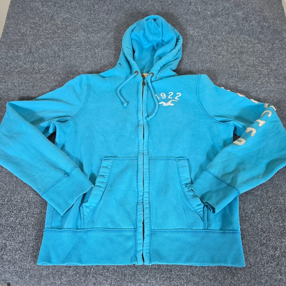 2000s Hollister Mens XL Cyan Blue Full Zip Hoodie 1922 Logo Waffle Lined Hood